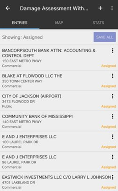 Crisis Track Mobile App: Damage Assessment List