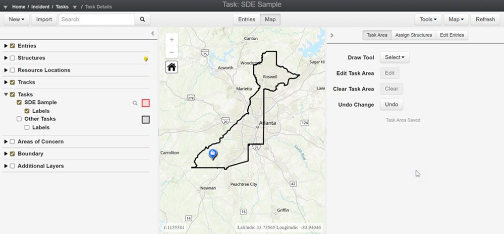 Preconfigured Task Module (Map view) and the Draw tools open.