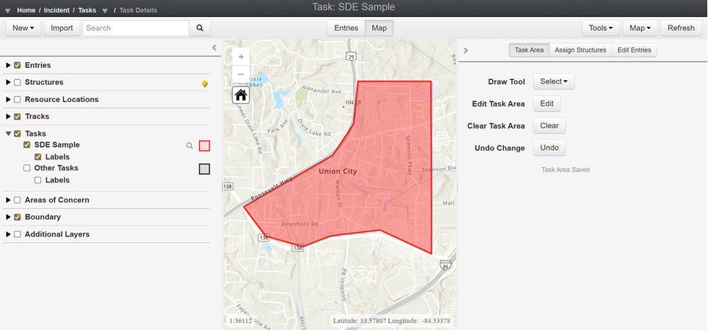 Highlighted task area on the map with Edit Task Area options visible.