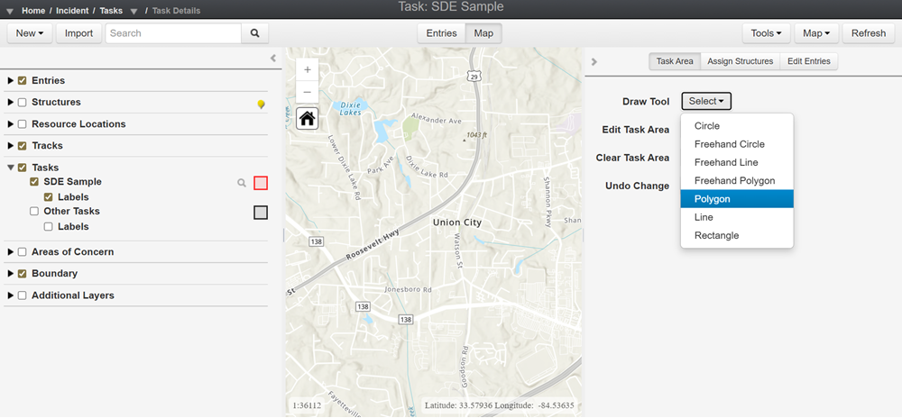 Draw Tool dropdown with Polygon option selected.