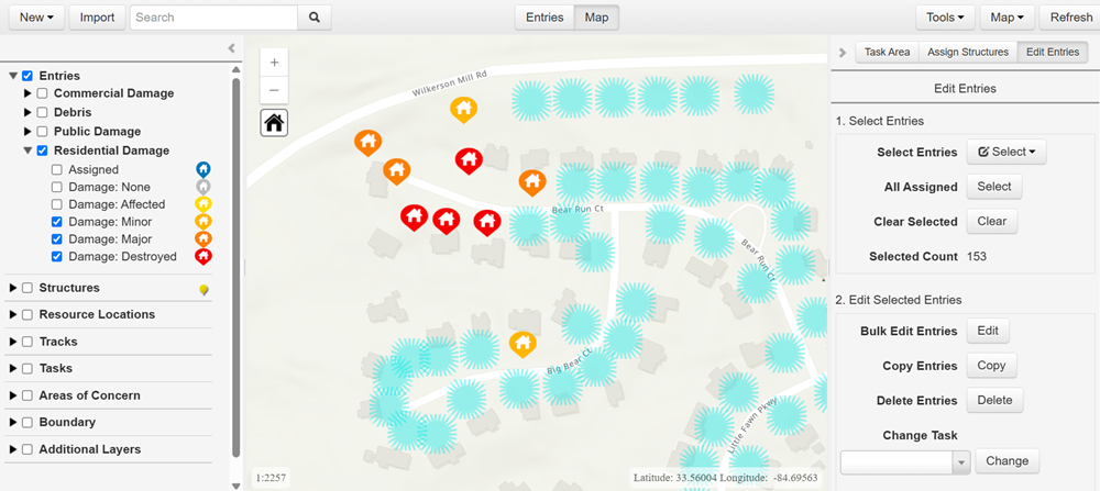 Task Module (Map view) with entries to edit shown on the map.
