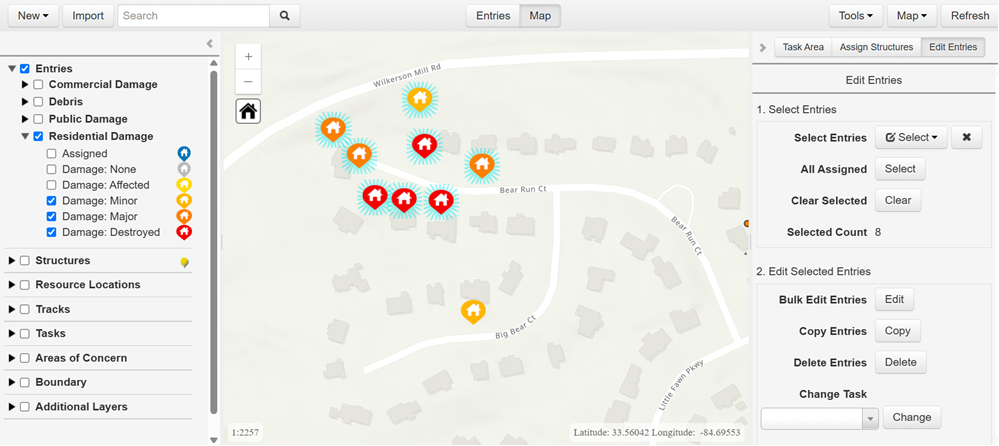 Tasks Module (map view) with the Edit Entries menu open.