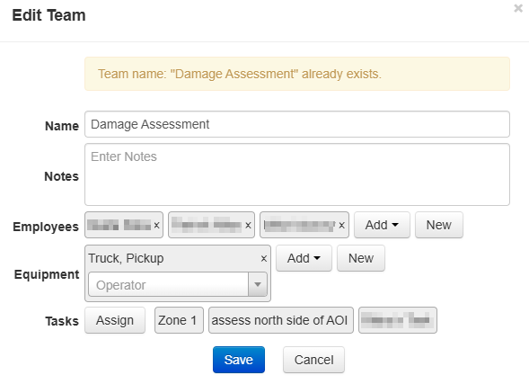 Crisis Track Web Console Edit Team window