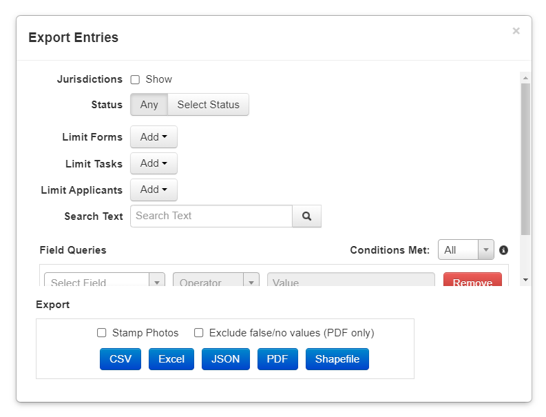 The Export Entries window, with options to filter by status, forms, tasks, and applicants. There is also a checkbox to include entries from jurisdictions, a searchbox to search through text from entries, and a field queries section.