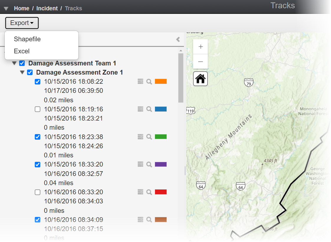 Example data on the Tracks page with the Export button displayed on the upper left