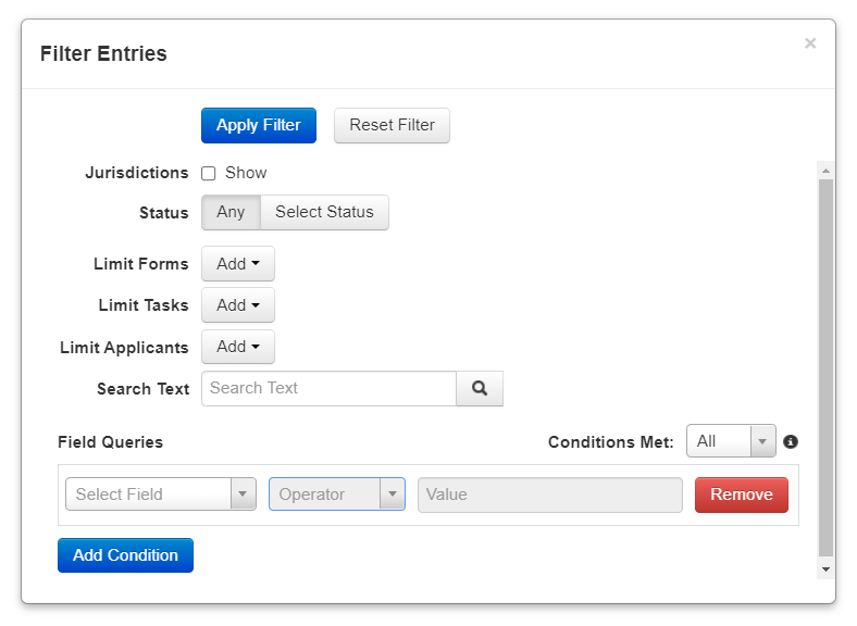 The Filter Entries window, with options to filter by status, forms, tasks, and applicants. There is also a checkbox to show entries from jurisdictions, a searchbox to search through text from entries, and a field queries section.