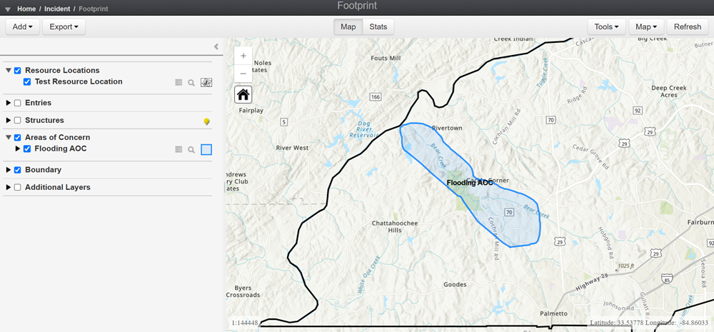 The Footprint map with example AOC drawn.