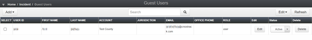 Guest Users Module, showing existing guests in a table view.