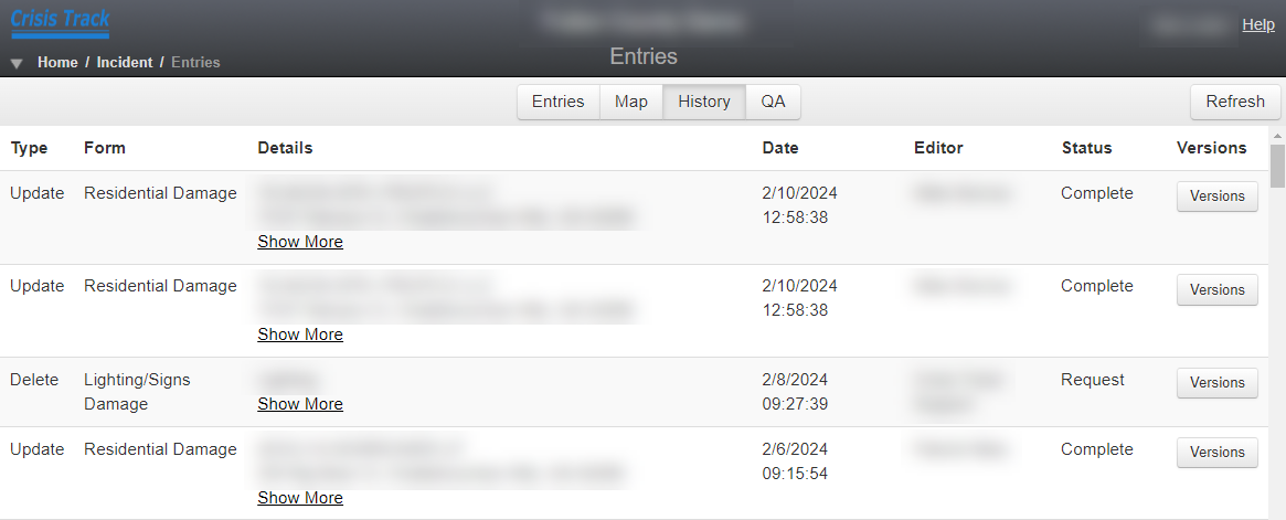 Entries Module, showing a list of dated entries in the History tab table view.
