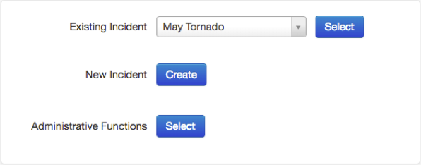 The homepage, displaying incident selection or creation buttons, and admin function selection.