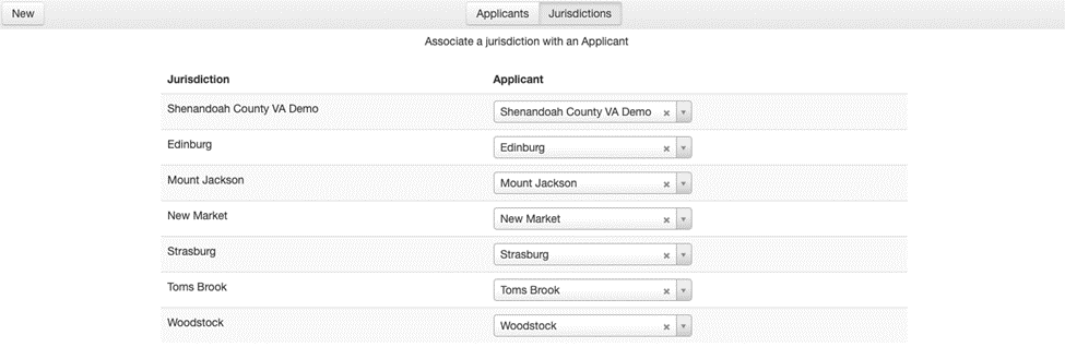 Applicants Module, showing the list of jurisdictions in the Jurisdictions tab view.