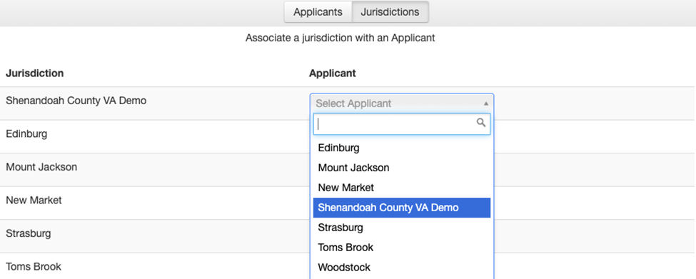 Applicants Module, showing the applicant selection for a jurisdiction in the Jurisdictions tab view.