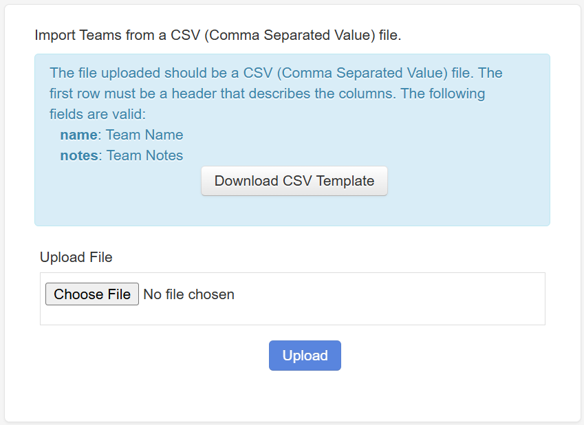 Import Teams dialog for uploading CSV files. Import Teams dialog for uploading CSV files.