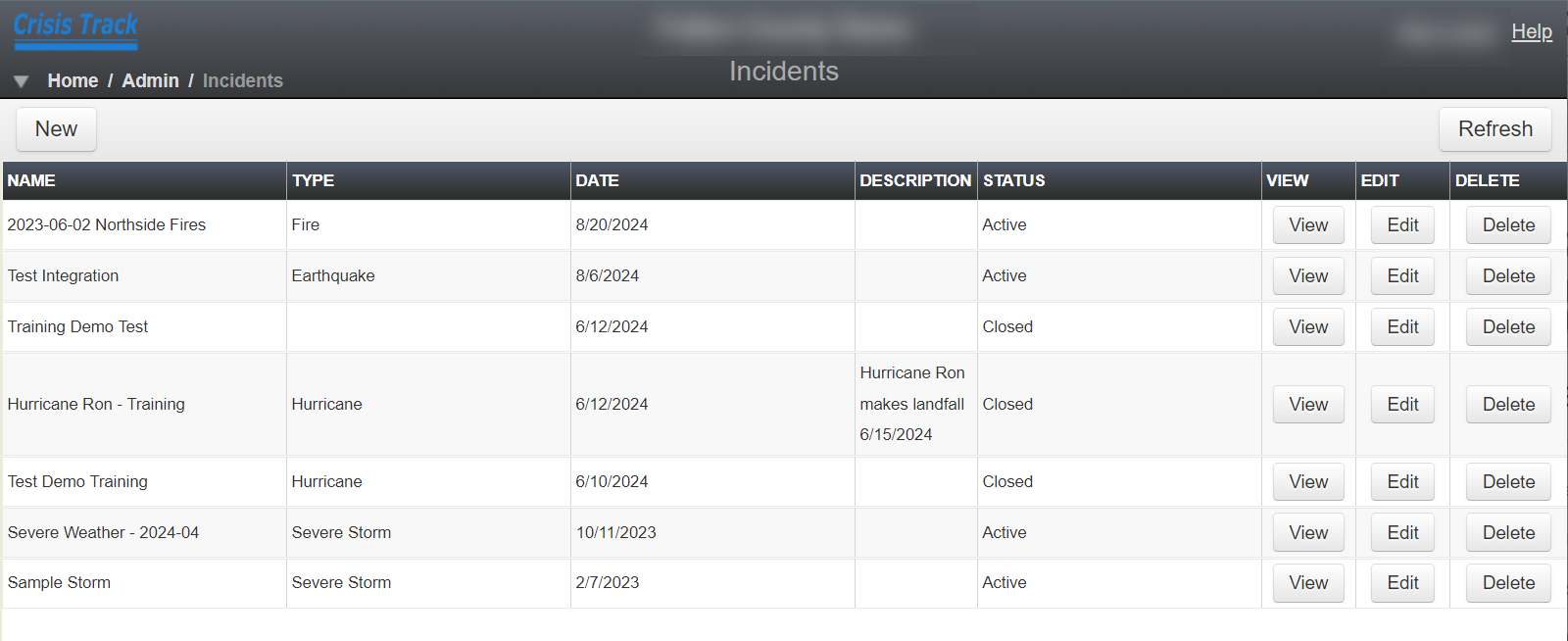 A list of incidents, including closed incidents, in the Incidents Module.