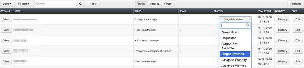 Employee Resources Module, showing editable status field.