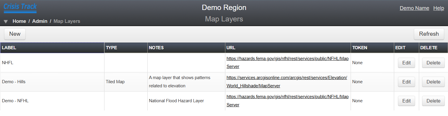 Map Layers Module, showing a list of existing map layers.