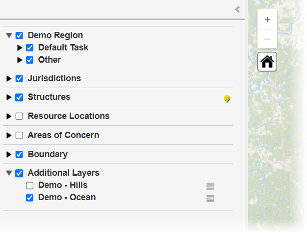 The new left pane with rows for various map elements
