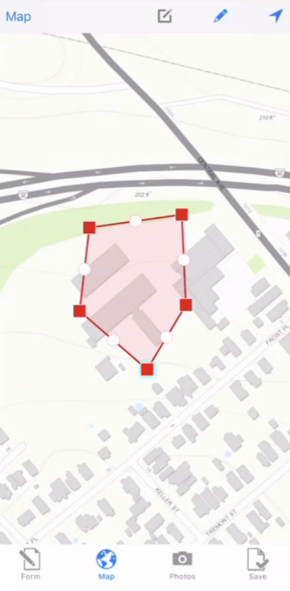 An example shape on the Map tab An example shape on the Map tab with midpoints to select and drag