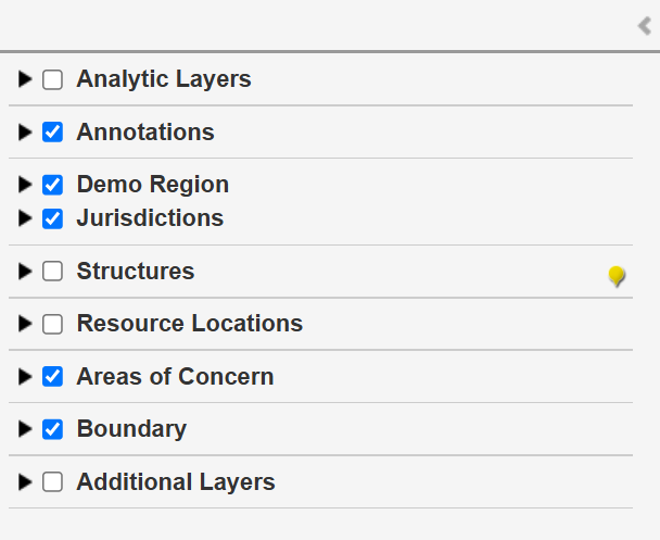 Rows of map elements in the left pane with options to show or hide each element