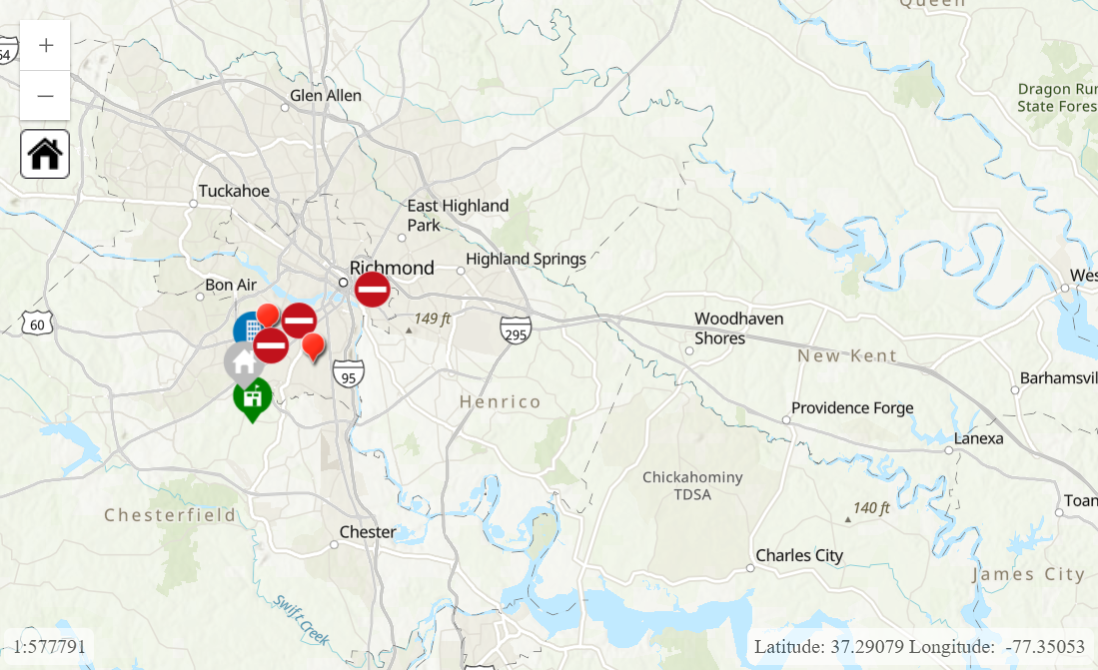 A map with several navigation elements and example data represented by various symbols