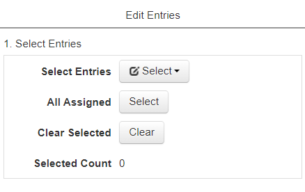Options for selecting multiple entries, including buttons to select entries on a map, select all assigned entries, and clear selected entries. The number of selected entries is displayed.