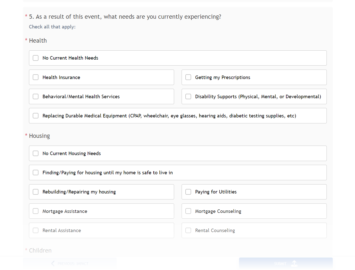Example questions and fields in the Survivor Portal website