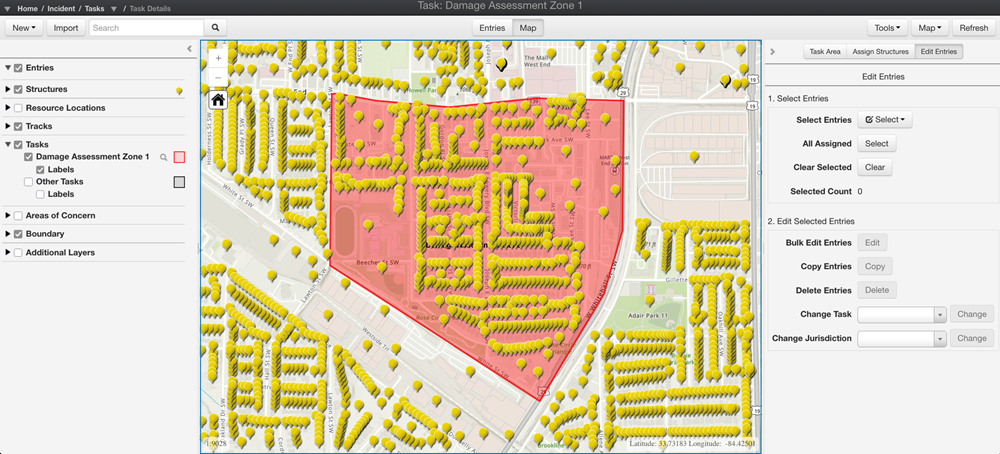 Task Module (Map view) with entries shown on the map.