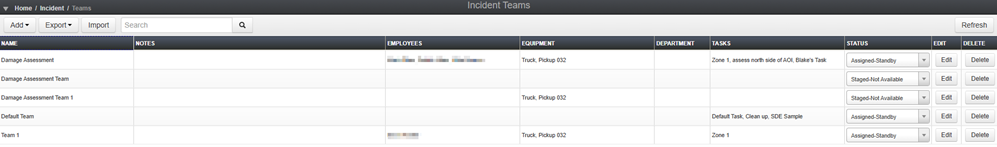 Incident Teams Module, showing a list of existing teams.