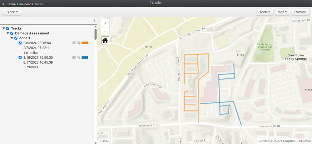 Tracks Module, showing the selected tracks alongside the tracks in a map view.