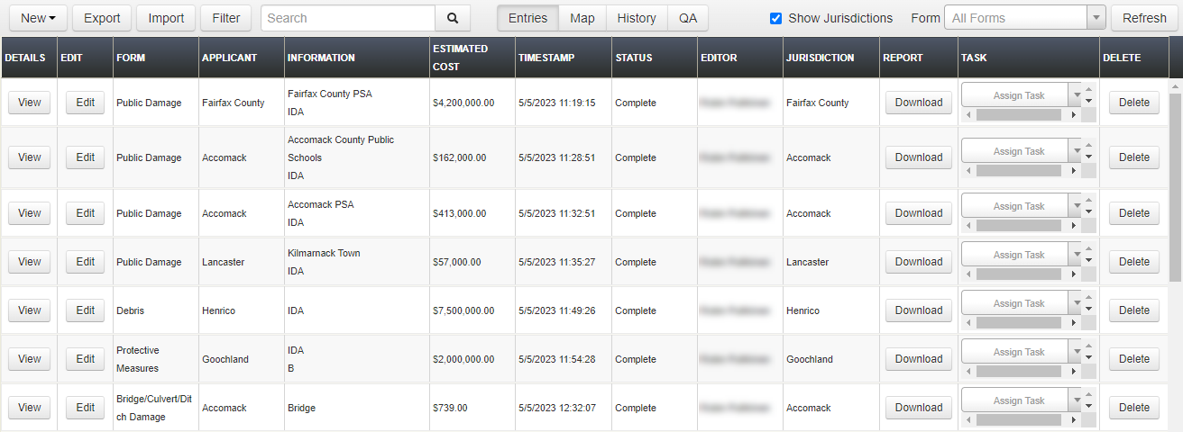 Entries Module, showing existing entries in the Entries tab table view.