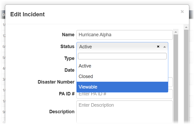 The Edit Incident window with the new Viewable status