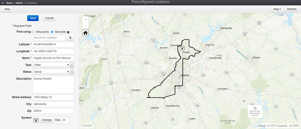Preconfigured Locations: New Entry page 