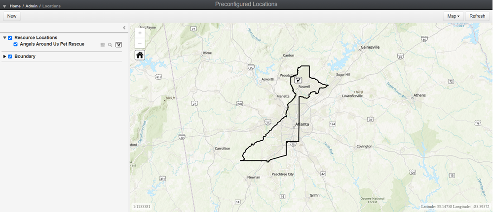 Preconfigured Locations Module, showing the location in the Map view.