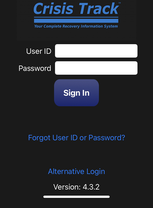 Crisis Track Mobile log in screen