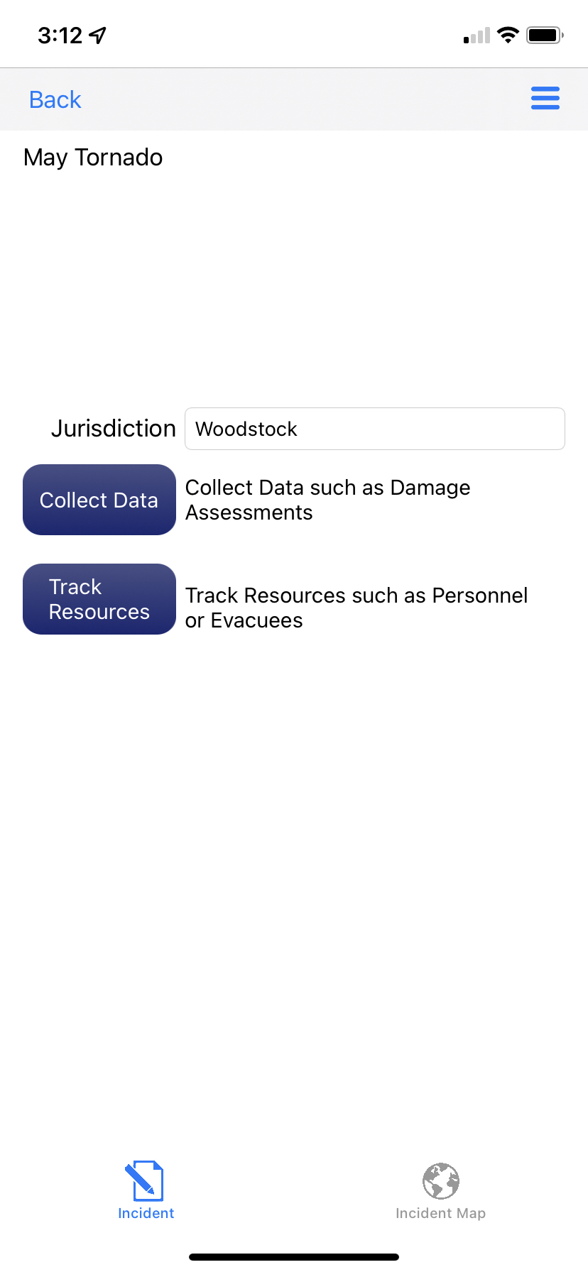 Crisis Track Mobile App Select Data display