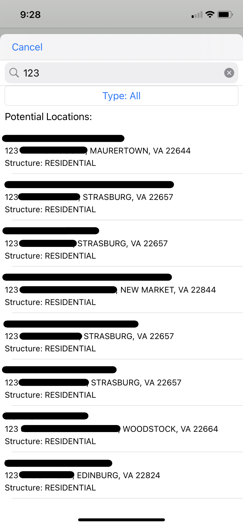 Crisis Track Mobile App: Type All Locations