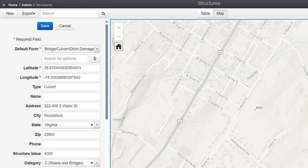 Structures fields alongside the map view.