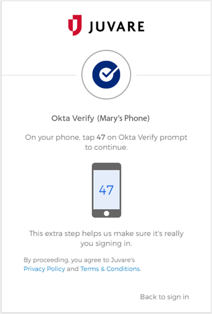 A screenshot of the Juvare Okta Verify page with an authentication number displayed