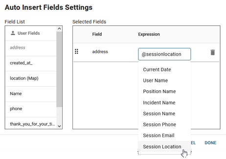 Auto Insert Fields Settings Window: SQL Expressions
