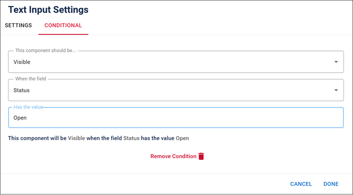 Text Input Settings Window Conditional tab