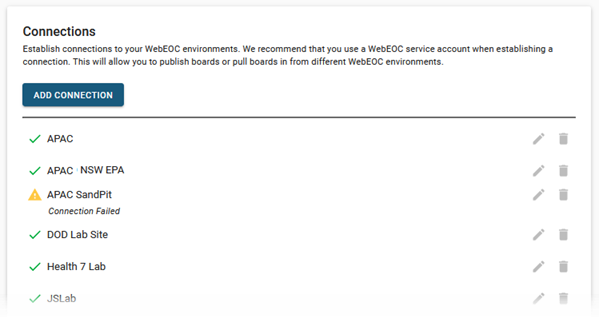 WebEOC Environment Connections Tab Screenshot