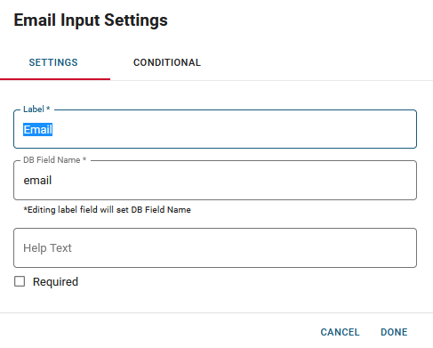 Email Input Settings Window