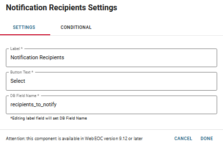 Notification Recipients Settings Window
