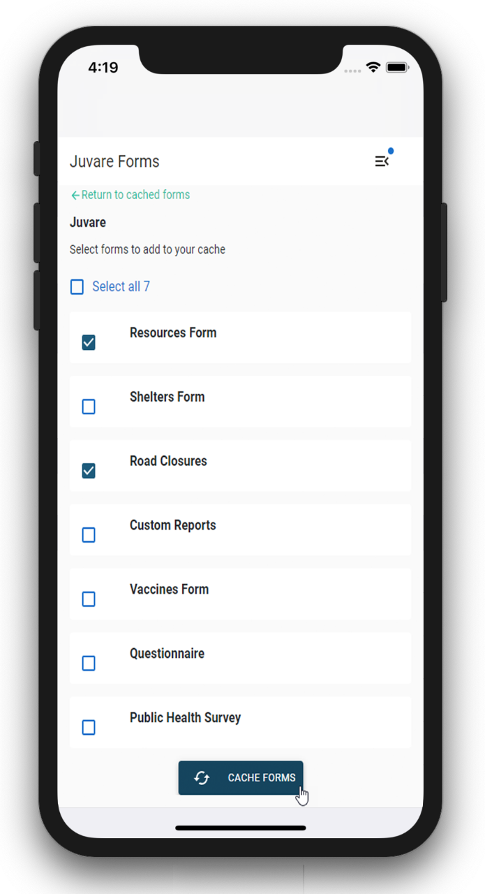 Example of the Juvare Forms Offline Page