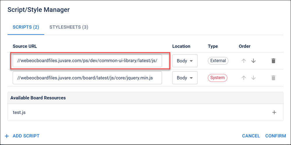 Scripts and Styles Manager dialog
