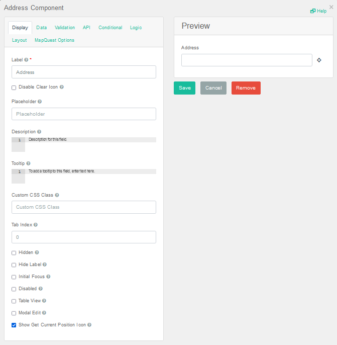 Address Component Settings Window