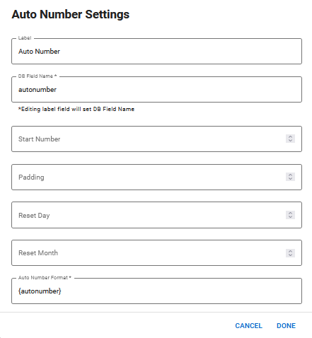 Auto Number Settings Window