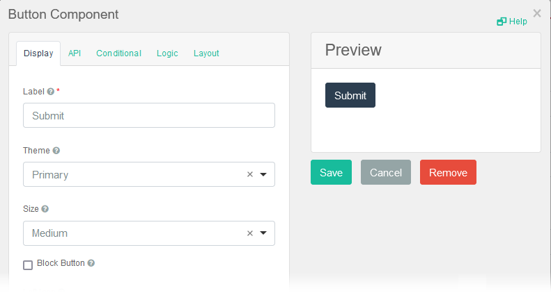 Button Component Settings Window