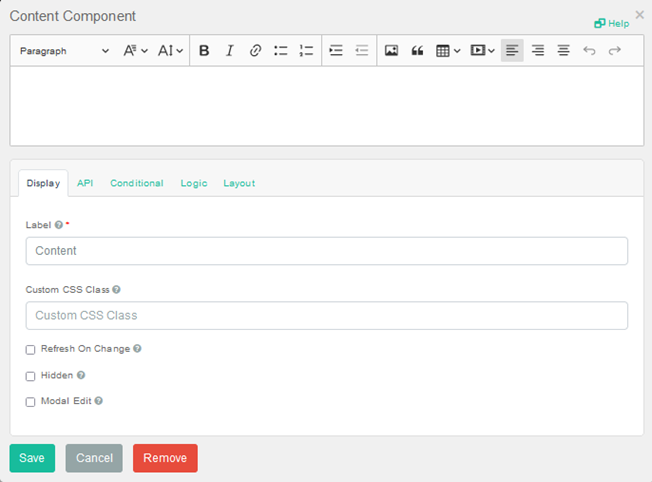 Content Component Settings Window