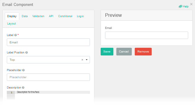Email Component Settings Window